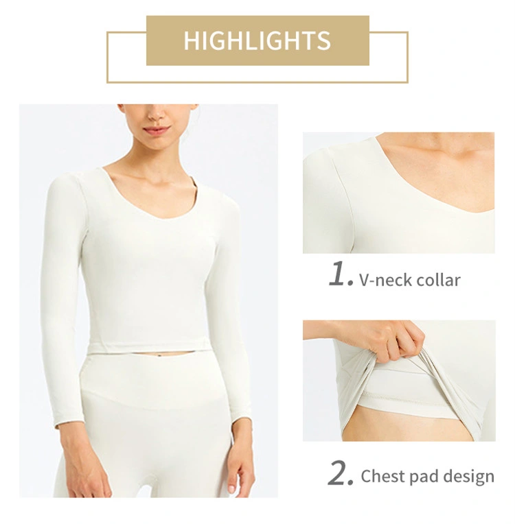 Ds131 Women Long Sleeve Solid Yoga Crop Top Casual Slim Fitted Basic Sportwear with Build in Bra