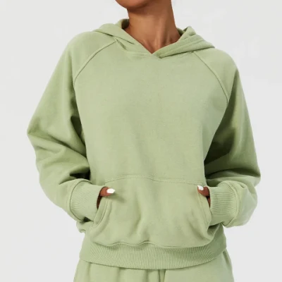 Women′s Causal Athleisure French Terry Pullover Sweatshirts Loose Sport with Kangaroo Pocket Long Sleeve Top Hoodies