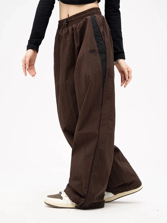 Retro Street Casual Leg Pants Hip Hop Gym Elastic Waist Stitching Sports Pants High Waist Loose Straightwide Leg Pants Sports Wear